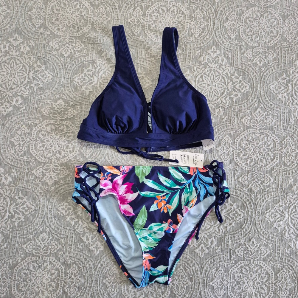 Cupshe Navy Blue Tropical Floral High Waist Bikini Set Size Medium